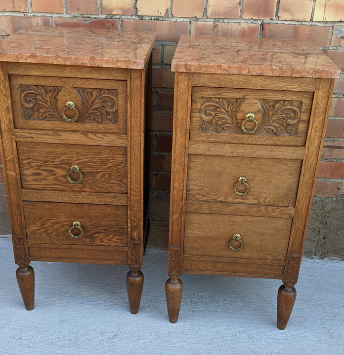 PAIR OF ART DECO MARBLE TOP OAK NIGHT STANDS