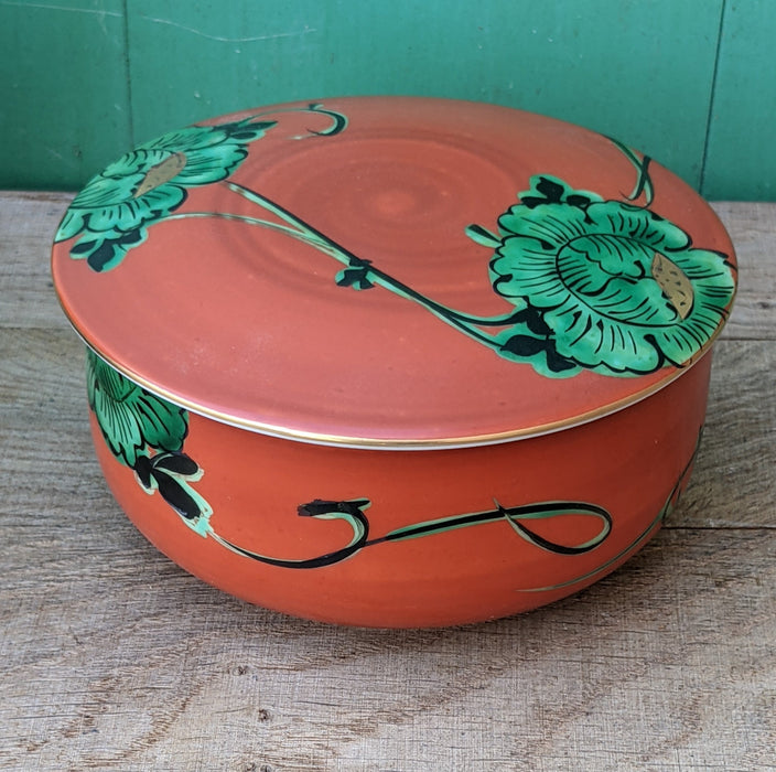 ROUND ORANGE WITH GREEN VINE PORCELAIN BOX WITH LID