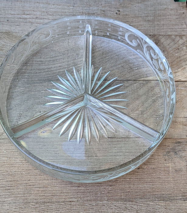 QUALITY ROUND GLASS RELISH DISH AS FOUND-SMALL CHIPS