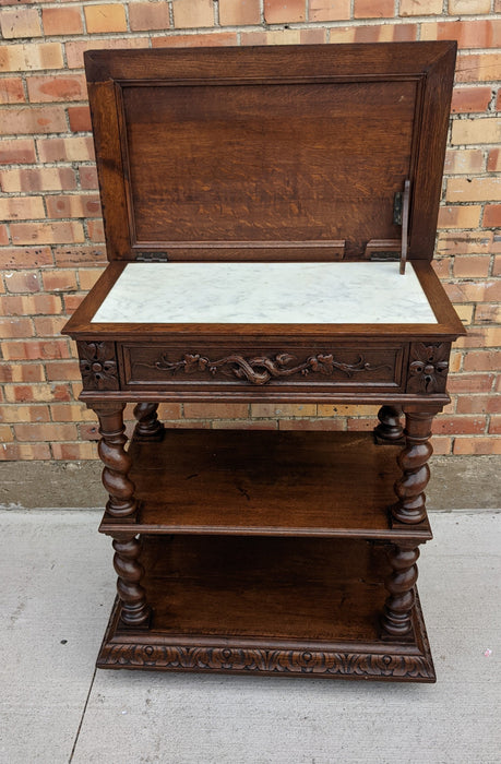 19TH CENTURY PETITE BARLEY TWIST OAK DESSERT SERVER WITH MARBLE TOP