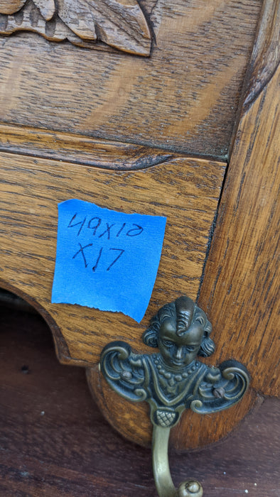 LARGE OAK WALL SHELF WITH 3 FLORET CARVED PANEL WITH HOOKS