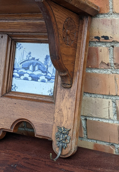 LARGE OAK WALL SHELF WITH BLUE DELFT