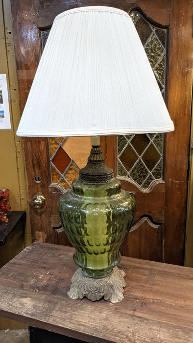 VINTAGE GREEN GLASS THUMBPRINT TABLE LAMP WITH SHADE