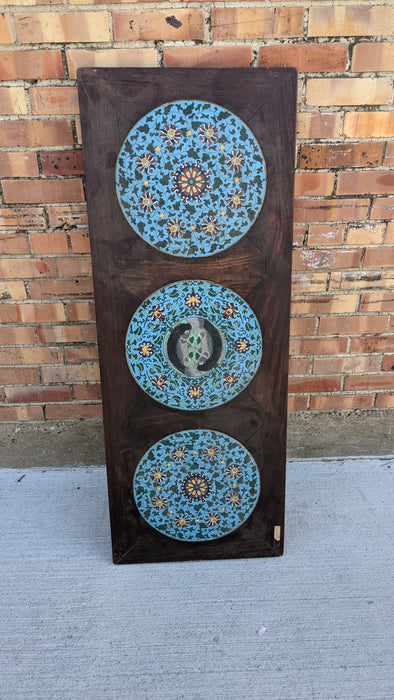 WOOD WALL PLAQUE WITH 3 CLOISONNE INSERTS