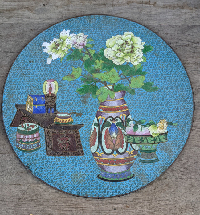 CLOISONNE PLAQUE WITH VASE AND FLOWERS