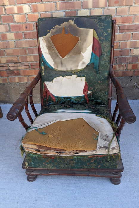 CHINESE FAUX BAMBOO HEAVY ARM CHAIR-AS FOUND UPHOLSTERY