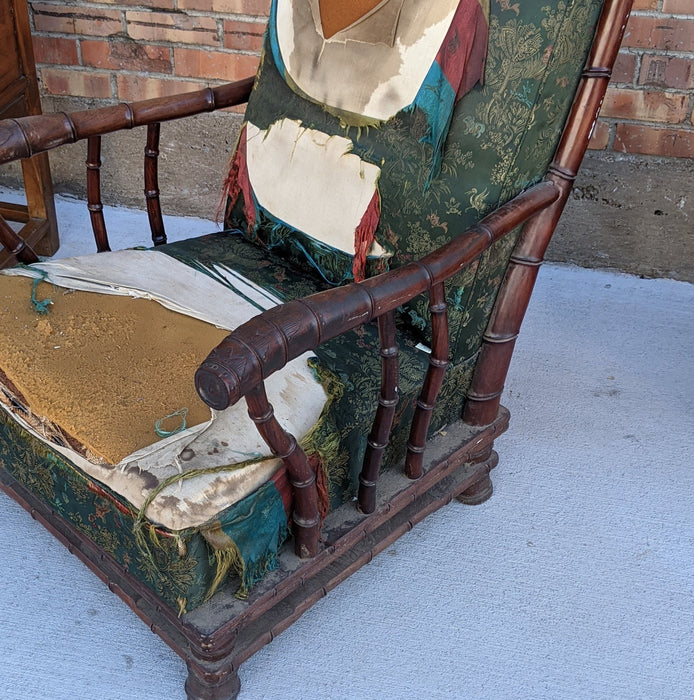 CHINESE FAUX BAMBOO HEAVY ARM CHAIR-AS FOUND UPHOLSTERY