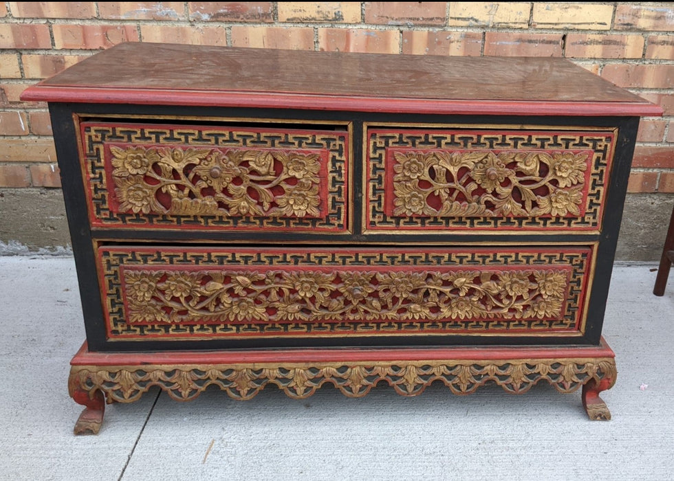 CHINESE RED AND GOLD CARVED LOW  CHEST - AS IS LEGS REINFORCED