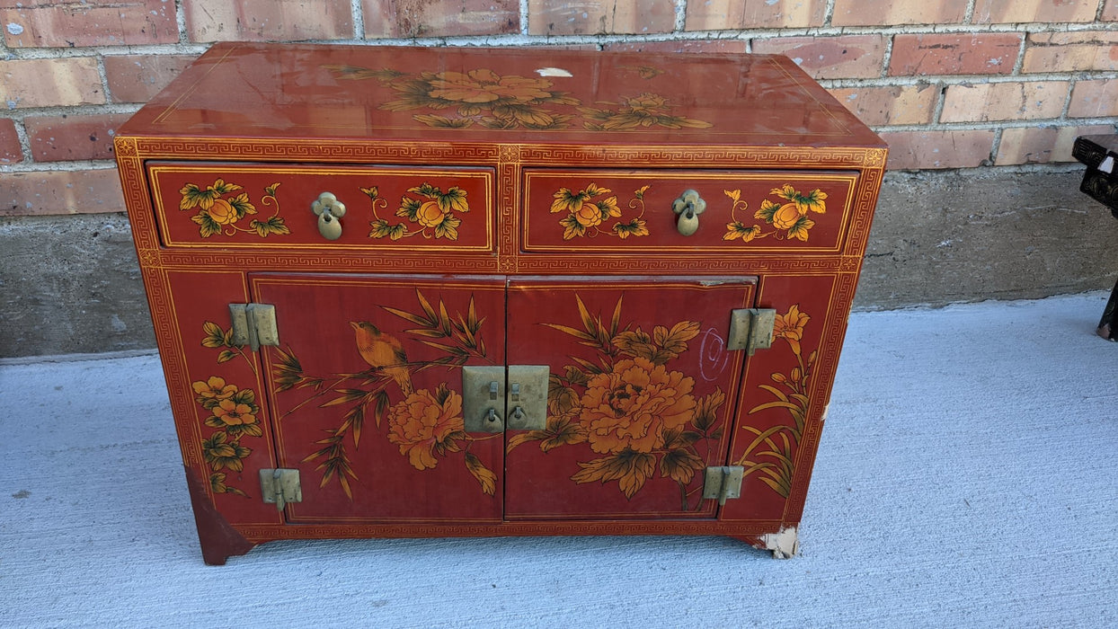 SMALL AS FOUND ORANGE 2 DRAWER CABINET WITH BIRDS