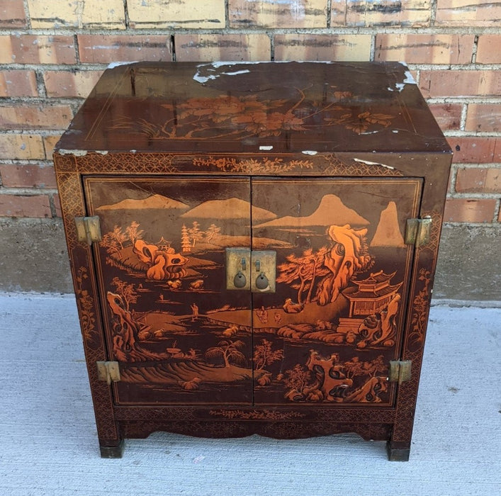 AS FOUND ORANGE END TABLE CABINET WITH 2 DOORS