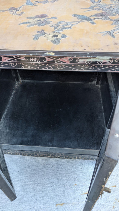 GOLD AND BLACK CHINESE SIDE CABINET WITH FLOWERS