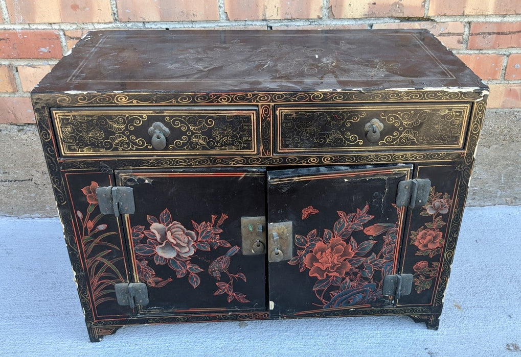 DISTRESSED SMALL CHINESE BLACK LACQUERED 2 DRAWER CABINET WITH FLOWERS