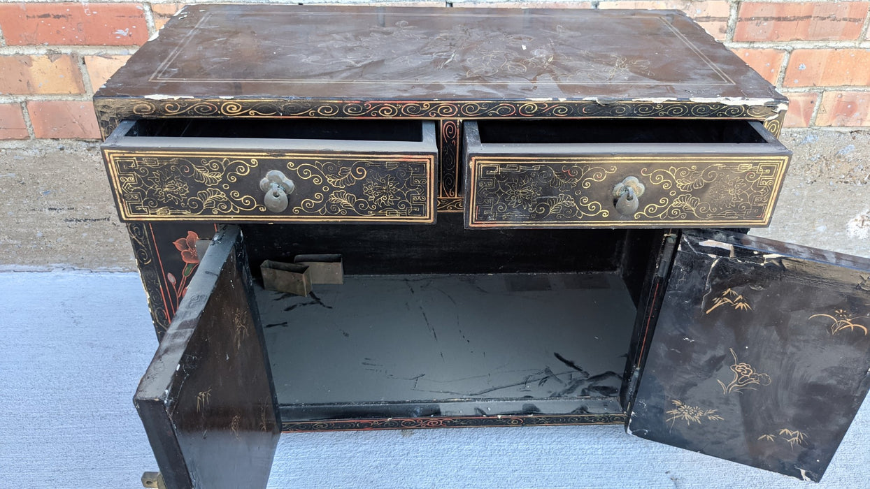 DISTRESSED SMALL CHINESE BLACK LACQUERED 2 DRAWER CABINET WITH FLOWERS