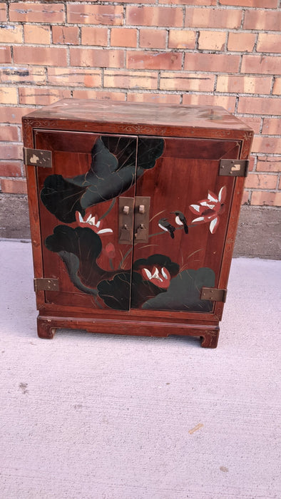 CHINESE WOOD SIDE CABINET WITH PAINTED LILY PADS AND BRASS TRIM