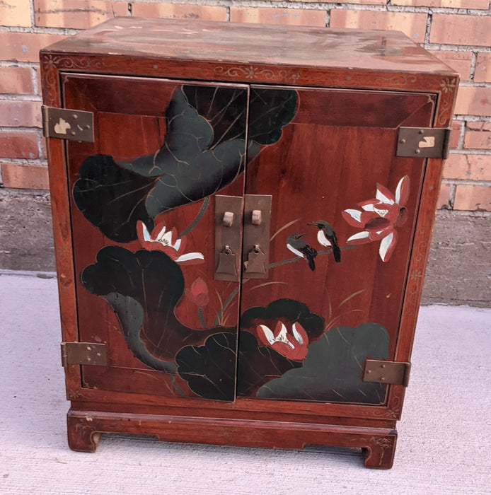 CHINESE WOOD SIDE CABINET WITH PAINTED LILY PADS AND BRASS TRIM