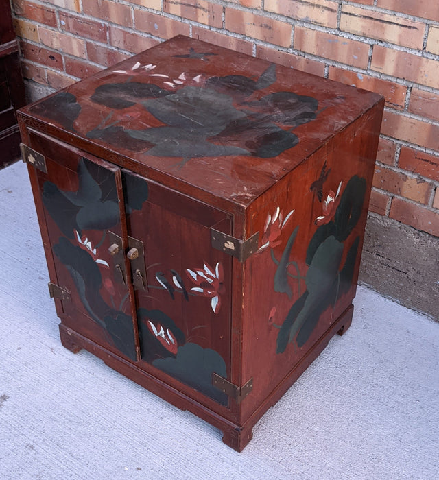 CHINESE WOOD SIDE CABINET WITH PAINTED LILY PADS AND BRASS TRIM