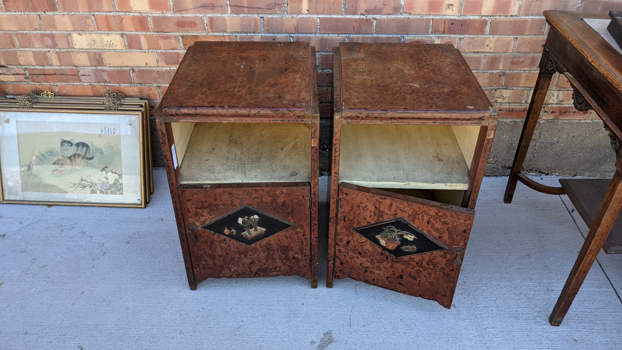 PAIR OF CHINESE DECO BURLED NIGHT STANDS