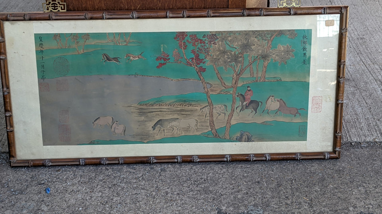 HORIZONTAL CHINESE MAN ON A HORSE BY A LAKE PAINTING - SIGNED