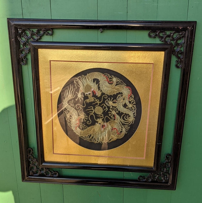 SMALL SQUARE BLACK LACQUER FRAMED DRAGON EMBROIDERY