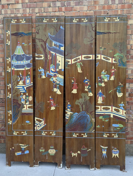 INCOMPLETE CHINESE SCREEN AS FOUND WITH 4 COLORFUL PANELS