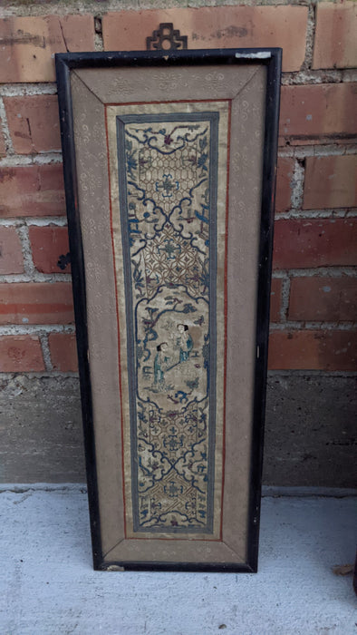 PAIR OF BLACK FRAMED EMROIDERY PANELS EACH WITH 2 CHINESE WOMEN