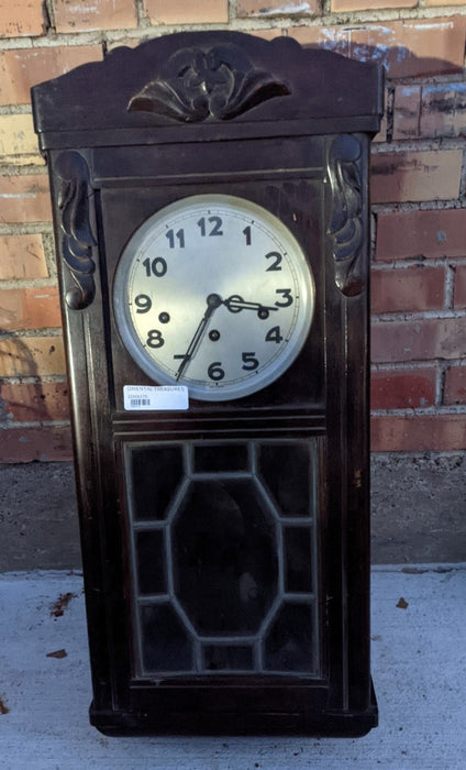 FRENCH WOOD AND LEADED GLASS WALL CLOCK