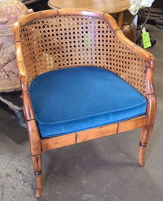 FAUX BAMBOO AND CANE CHAIR WITH BLUE CUSHION