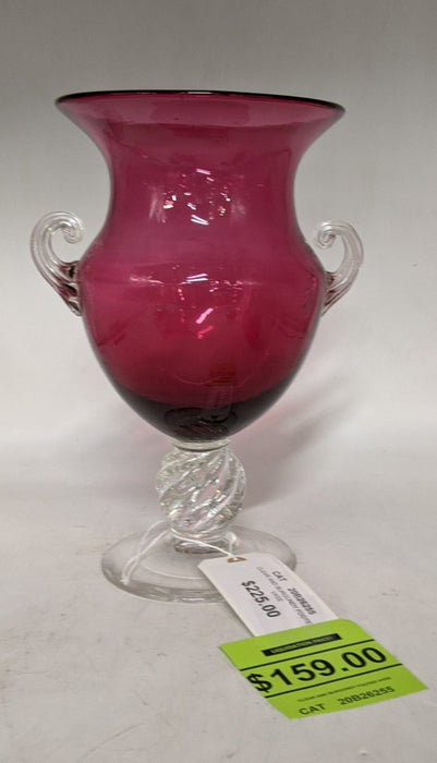 BURGUNDY AND CLEAR SWIRL GLASS FOOTED COMPOTE