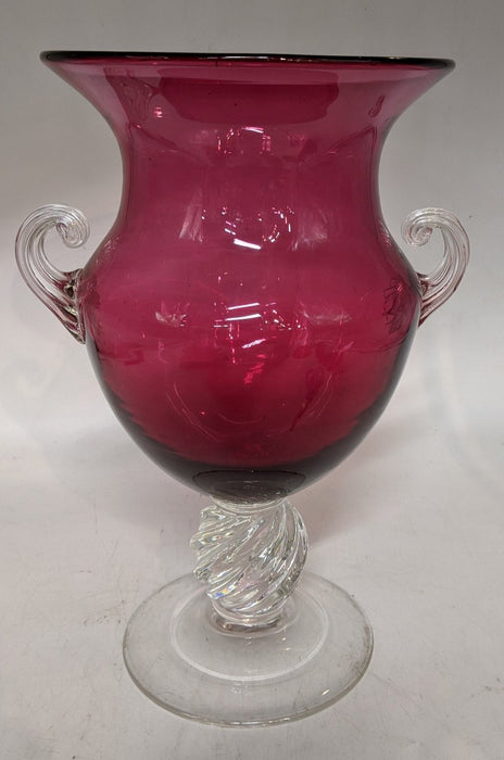 BURGUNDY AND CLEAR SWIRL GLASS FOOTED COMPOTE