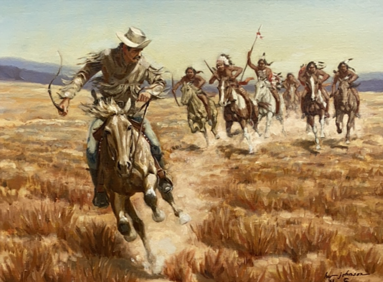 OIL PAINTING OF NATIVE AMERICAN INDIANS CHASING COWBOY SIGNED HARVEY JOHNSON 1968