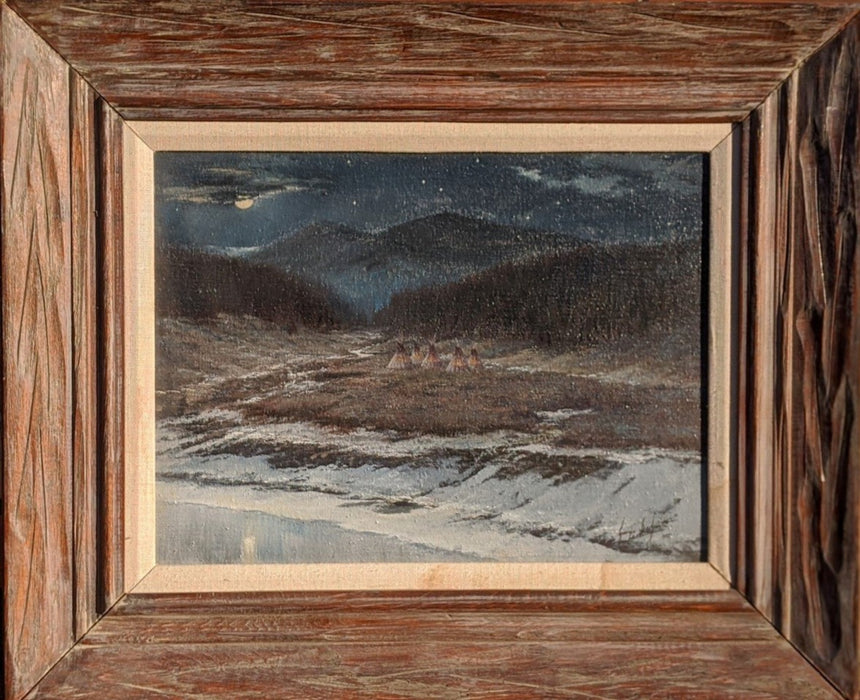 CAMPERS ON THE YELLOWSTONE  OIL PAINTING IN RUSTIC FRAME