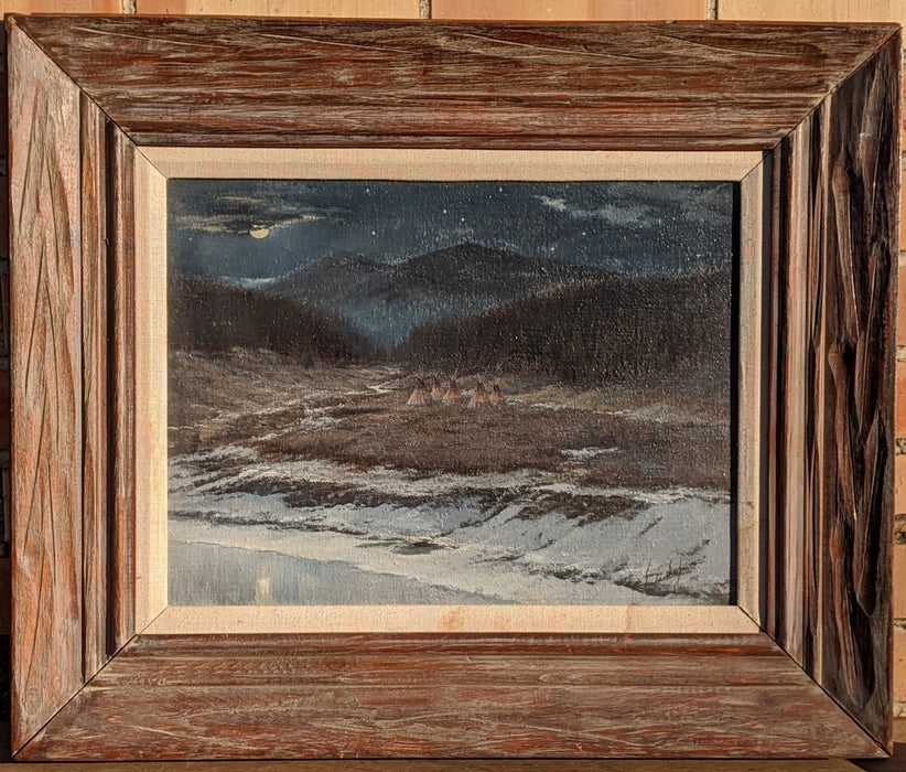 CAMPERS ON THE YELLOWSTONE  OIL PAINTING IN RUSTIC FRAME
