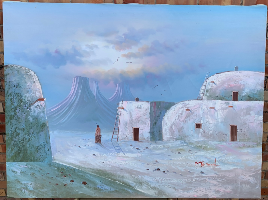 LARGE INDIAN PAINTING OF VILLAGE IN WINTER TIME BY M. EANGLE