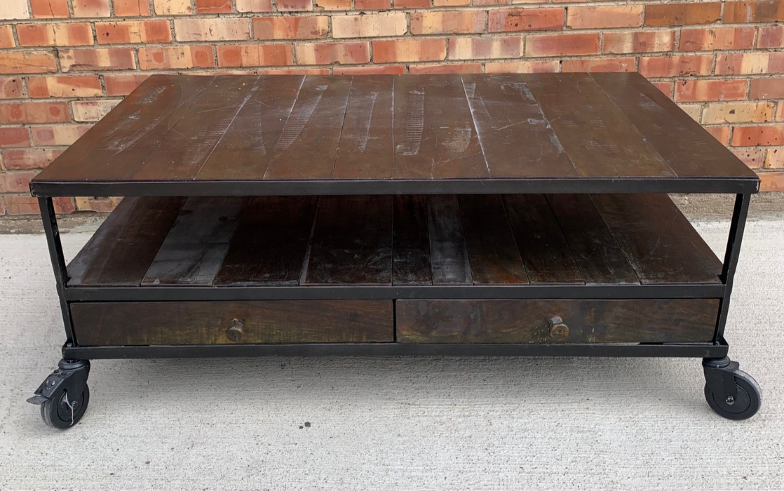METAL AND WOOD PLANK COFFEE TABLE ON WHEELS WITH DRAWERS