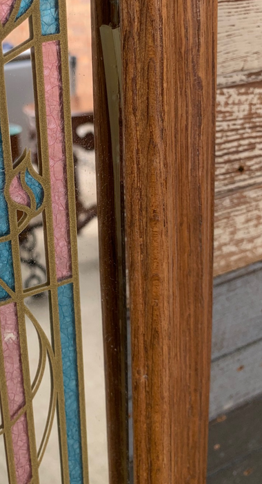 FAUX STAINED GLASS MIRROR WITH PINK AND BLUE - AS IS