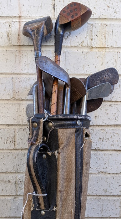 14 GOLF CLUBS IN AS IS VINTAGE CANVAS BAG