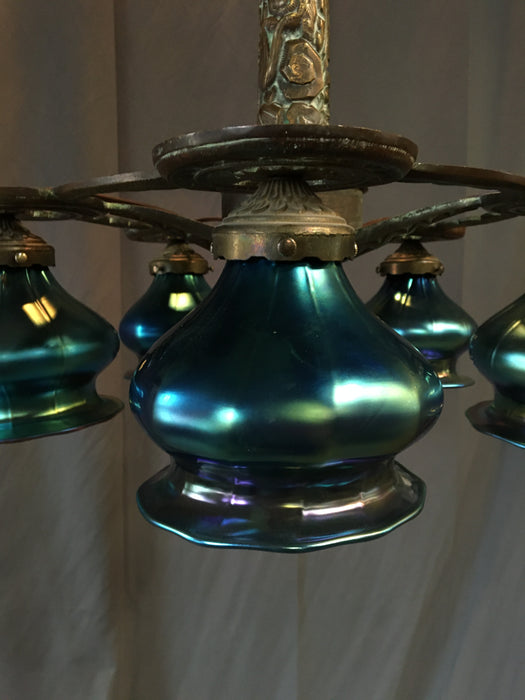 FIVE LIGHT 1930'S CHANDELIER WITH IRIDESCENT GLASS SHADES