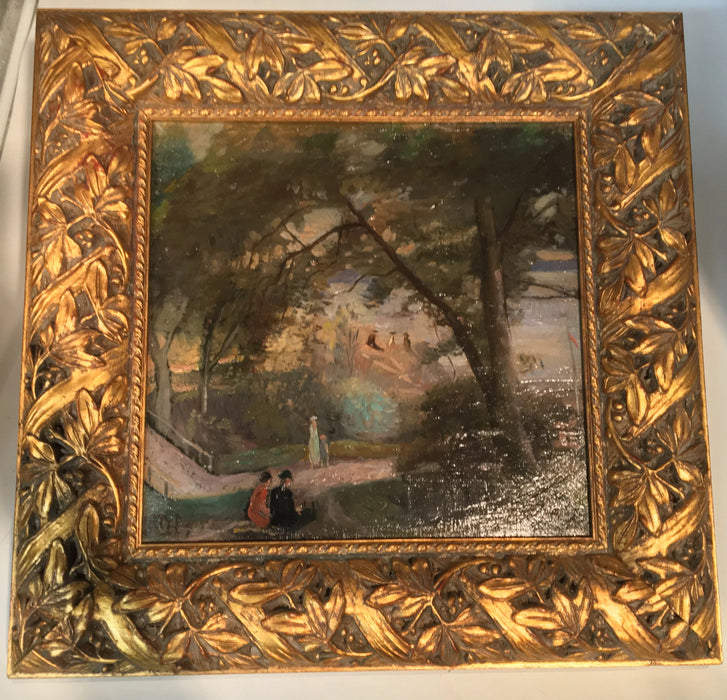 SQUARE SIGNED OIL PAINTING OF PEOPLE IN A HILLSIDE PARK