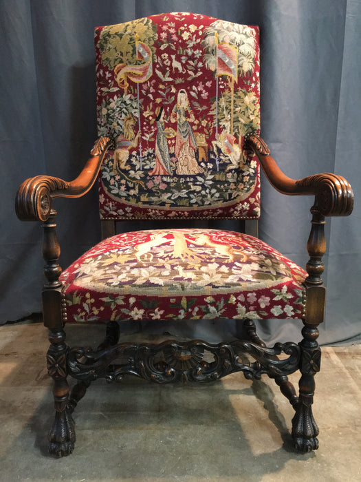 Louis XIII Throne chair with feather carved arms and tapestry upholstery