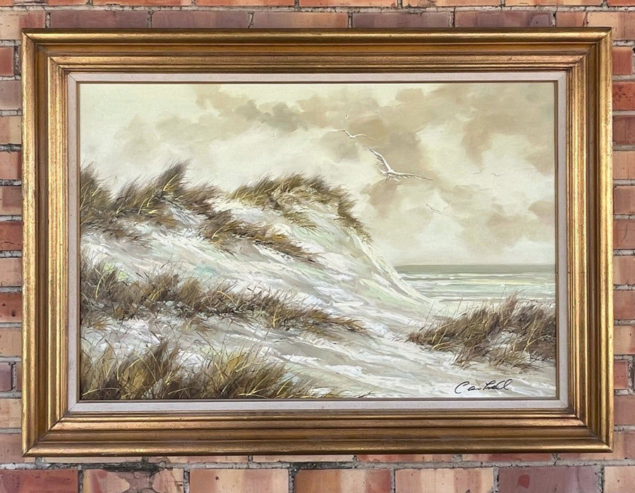 LARGE COASTAL DUNES AND SEAGULLS OIL PAINTING IN GOLD FRAME