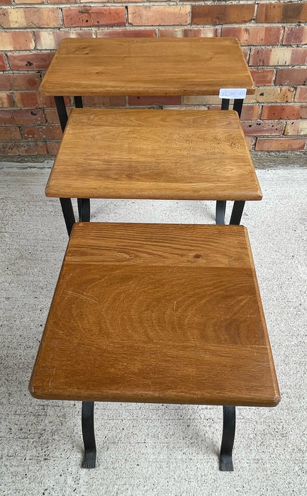 SET OF 3 OAK AND IRON NESTING TABLES