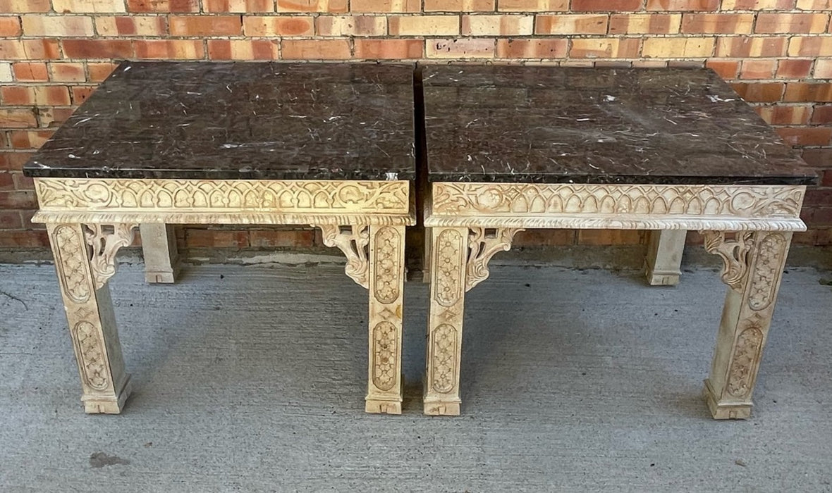 PAIR OF WHITE CHINESE CHIPPENDALE MARBLE TOP TABLES