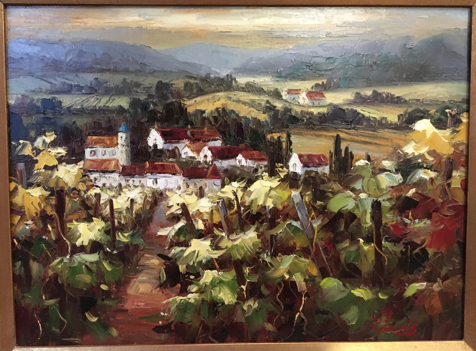 SMALL FRAMED LANDSCAPE WITH VINEYARD OIL PAINTING BY C. DAVIS