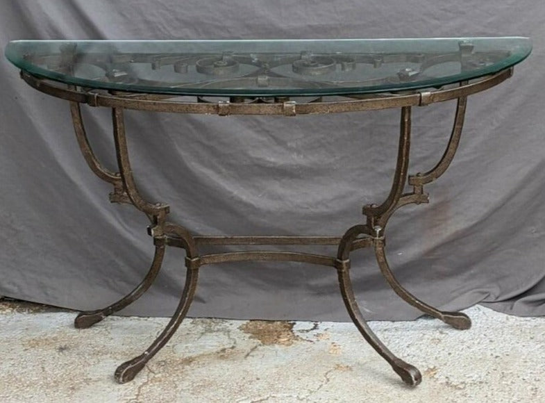 DEMILUNE GLASS CONSOLE TABLE WITH IRON BASE