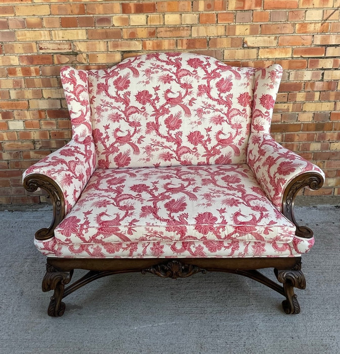 WING BACK SEAT WITH RED AND WHITE PHEONIX FABRIC