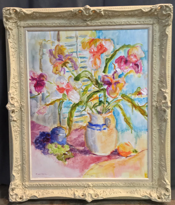 IMPRESSIONIST FLORAL STILL LIFE OIL PAINTING IN WHITE FRAME BY-A. WEIBEL