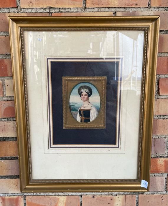 GOLD FRAMED ANTIQUE PRINT OF LADY IN BLACK