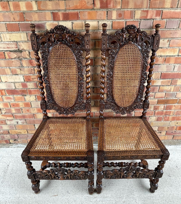 PAIR OF BARLEY TWIST HALL CHAIRS WITH ORNATE CROWNS