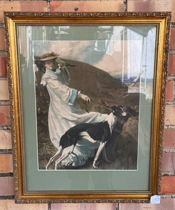 GOLD FRAMED VERTICAL PRINT LADY AND WHIPPET