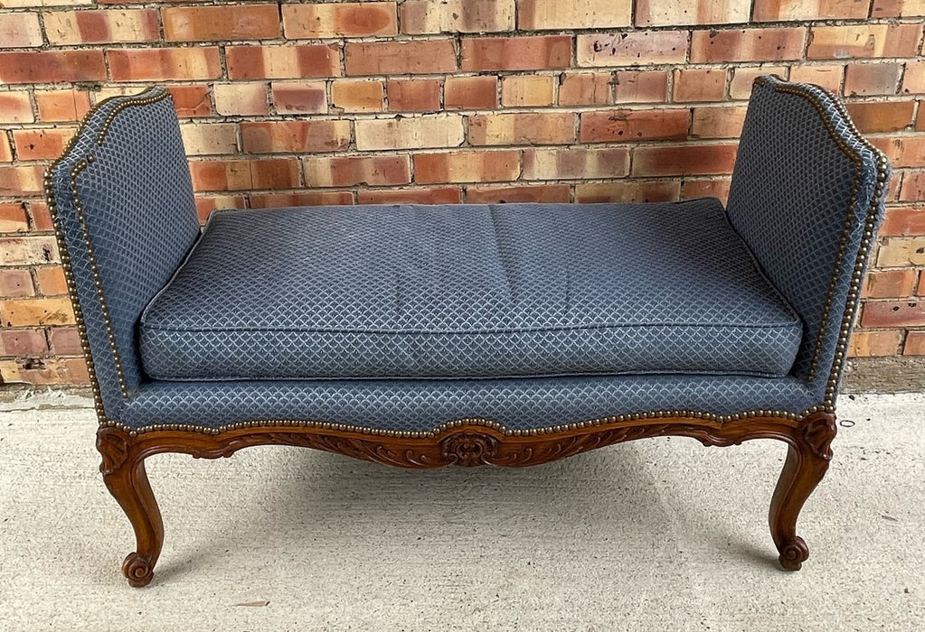 LOUIS XV WALNUT WITH BLUE UPHOLSTERED BENCH WITH SIDES